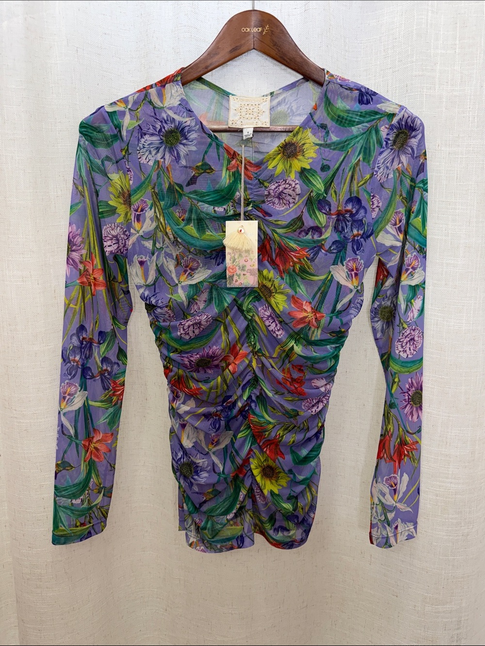 Johnny Was Daphne Mesh Floral Lavender Floral Ruched Top Size Small